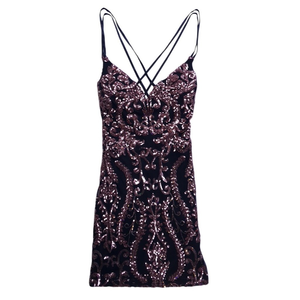 Windsor Mini Dress Womens Size 1 Black Rose Gold Sequin Damask Bodycon Cocktail